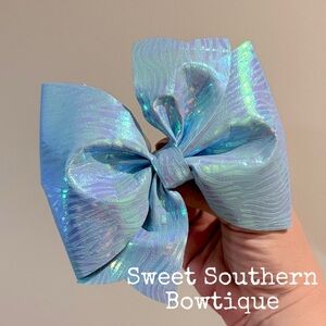 Blue Zebra Iridescent Faux Leather Pinwheel Hair Bow